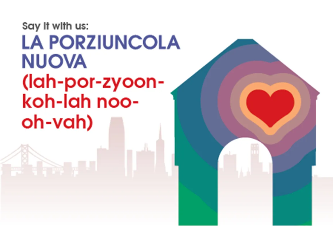 Front of postcard with illustration of Porziuncola and headline 'Say it with us: La Porziuncola Nuova.'