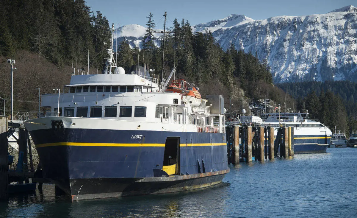 AMHS ferry named LeConte waits for passengers to board at ferry landing.