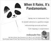 B&W newspaper advertisement featuring child's umbrella with panda design, and headline "When It Rains, It's Pandemonium."