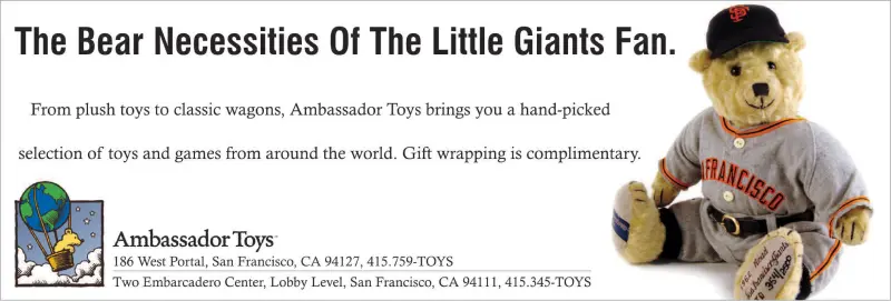 Horizontal newspaper advertisement featuring San Francisco Giants teddy bear by Gund, with headline "The Bear Necessities of the Little Giants Fan."