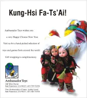 Color newspaper advertisement featuring three Chinese dolls and dragon, with headline "Kung-Hsi Fa-Ts' Ai!"