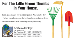 Horizontal newspaper advertisement featuring toy gardening tools, with headline "For the Little Green Thumbs in Your House."