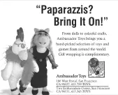 B&W newspaper advertisement featuring Miss Piggy & Kermit the Frog dressed up for a party, with headline "Paparazzis? Bring it On!"