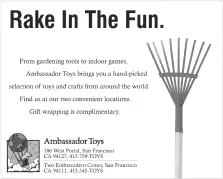 B&W newspaper advertisement featuring toy gardening rake, with headline "Rake In The Fun."