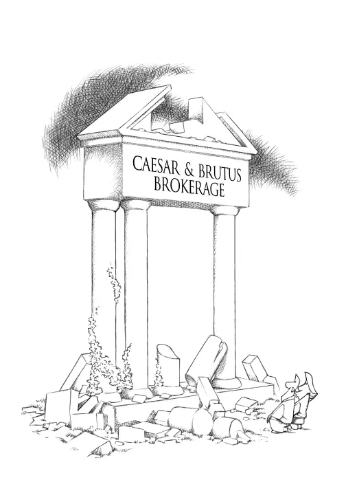 Cartoon titled "Ruins," showing middle-aged couple standing at base of ancient ruins, looking up at a sign reading "Caesar & Brutus Brokerage."